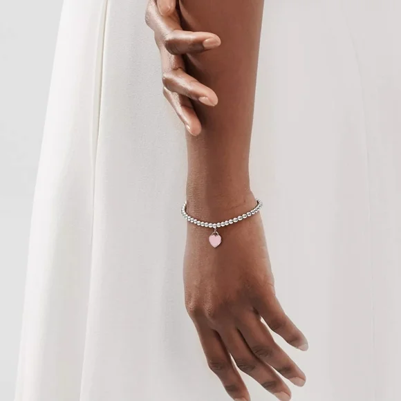 TIFFANY Pink Heart Tag Bead Bracelet in Silver, 4mm 💗 - Picture 2 of 15